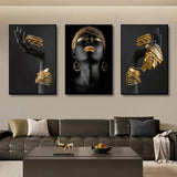 3pcs African Black Women With Gold Jewelry Canvas Wall Art - Home Decor Prints