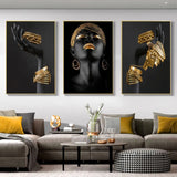 3pcs African Black Women With Gold Jewelry Canvas Wall Art - Home Decor Prints