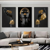 3pcs African Black Women With Gold Jewelry Canvas Wall Art - Home Decor Prints