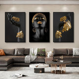 3pcs African Black Women With Gold Jewelry Canvas Wall Art - Home Decor Prints